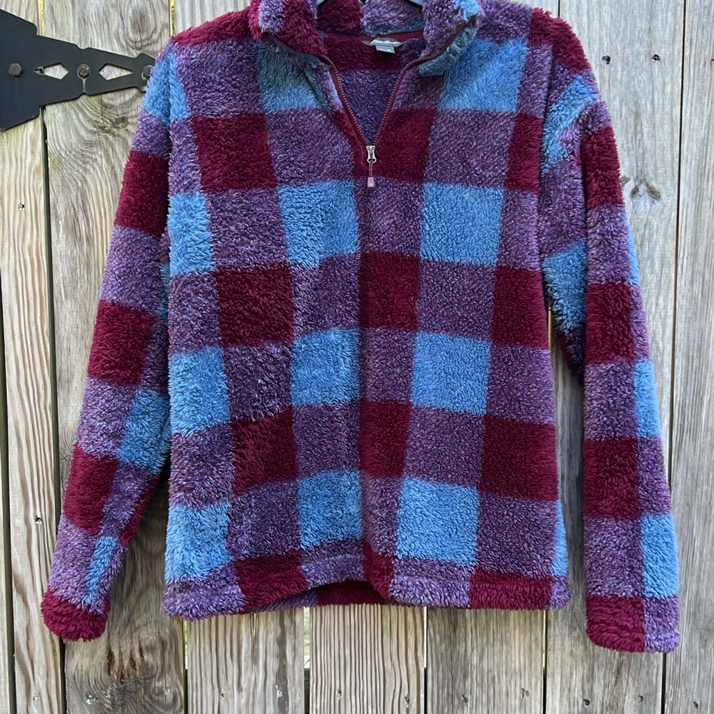 Eddie Bauer Purple Burgundy Plaid Teddy Fleece Jacket size Med - Picture 6 of 12